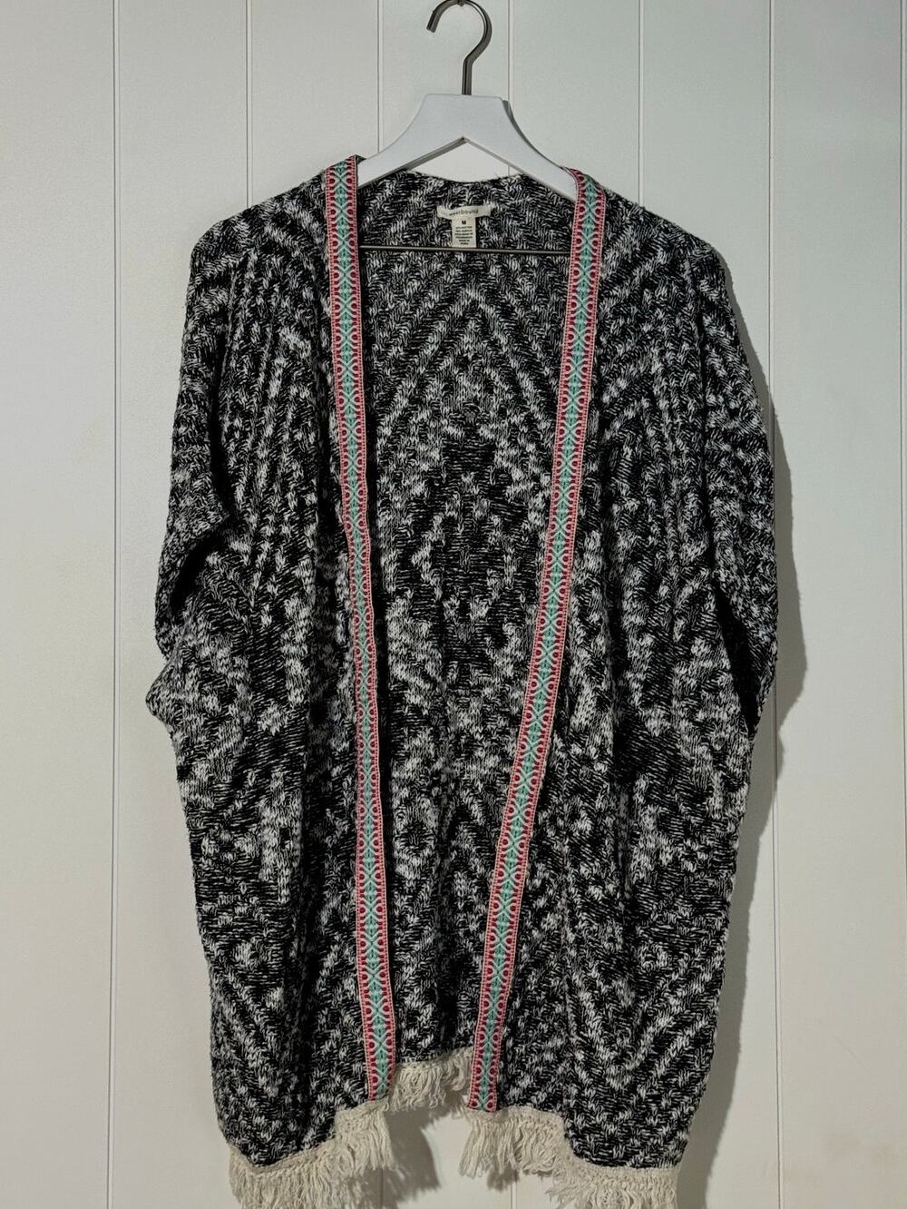 Westbound Open Cardigan Sweater Boho Medium Tribal Print Knit Kimono Fringe